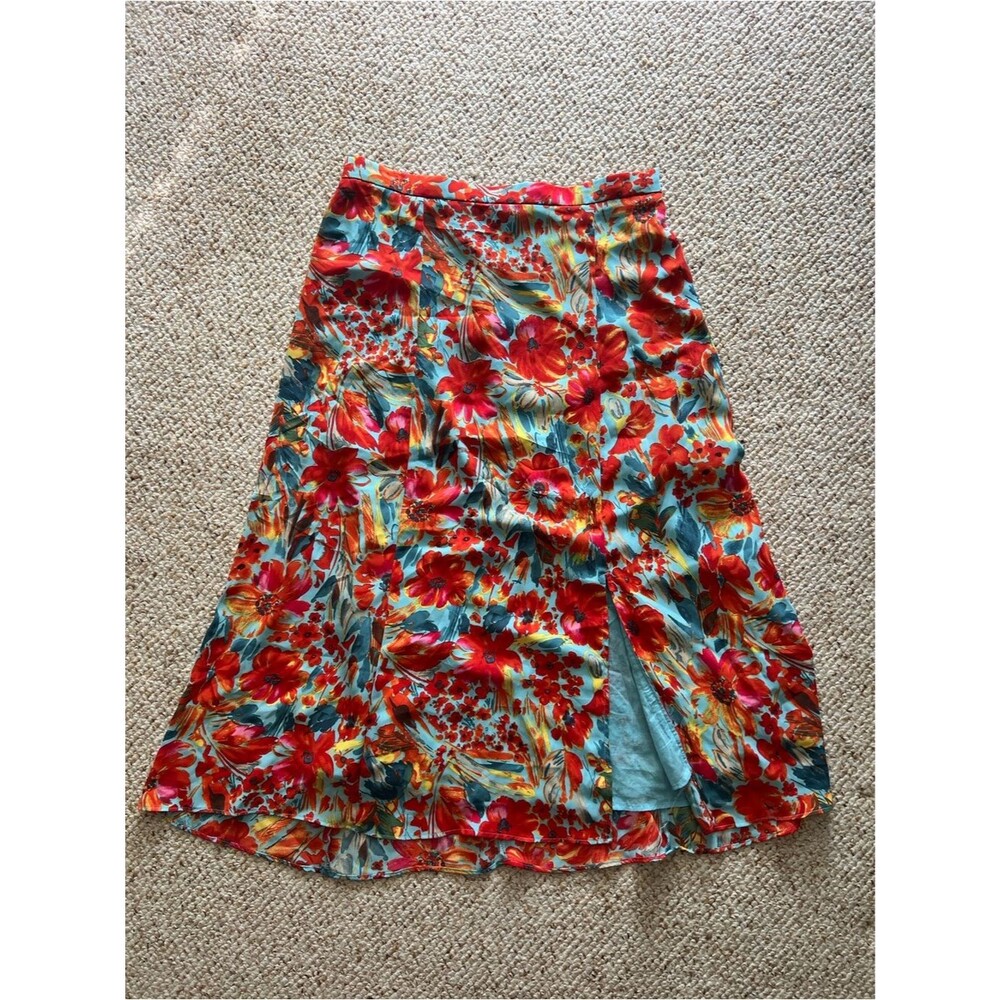 Philosophy Large Red & Teal Floral Maxi Skirt Slit Lined